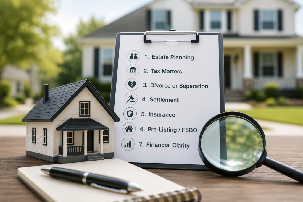 image showing checklist of reasons for appraisal and a house in the background.