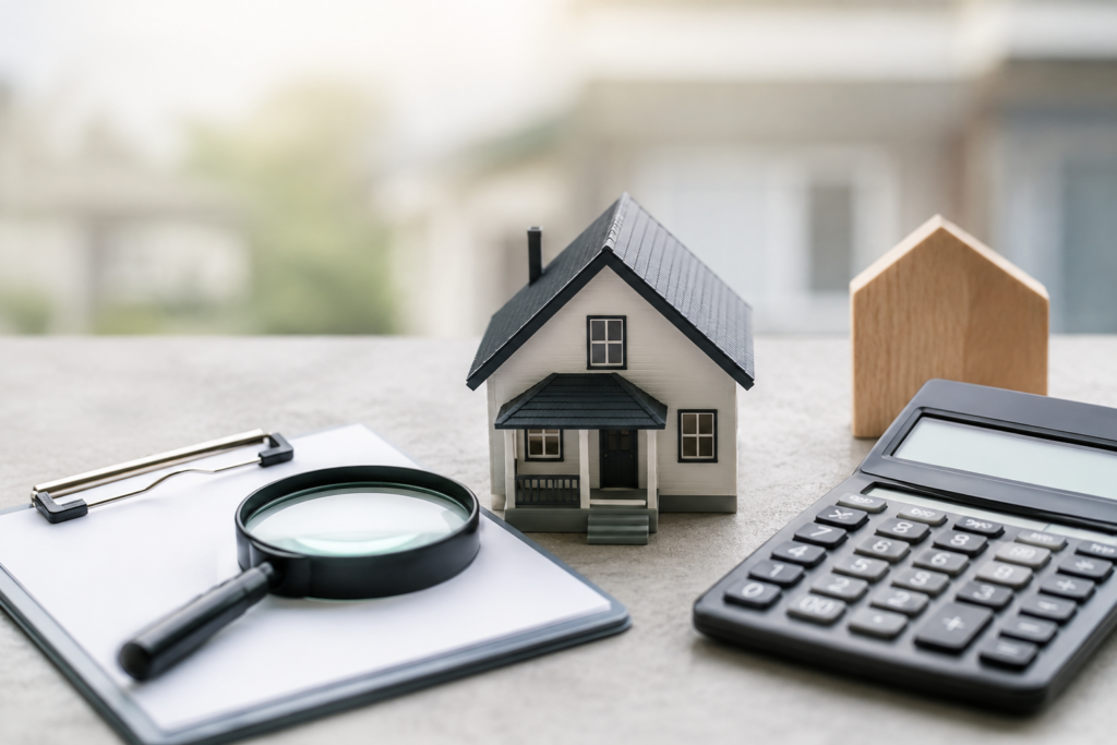 desk showing calculator and paper with mini house