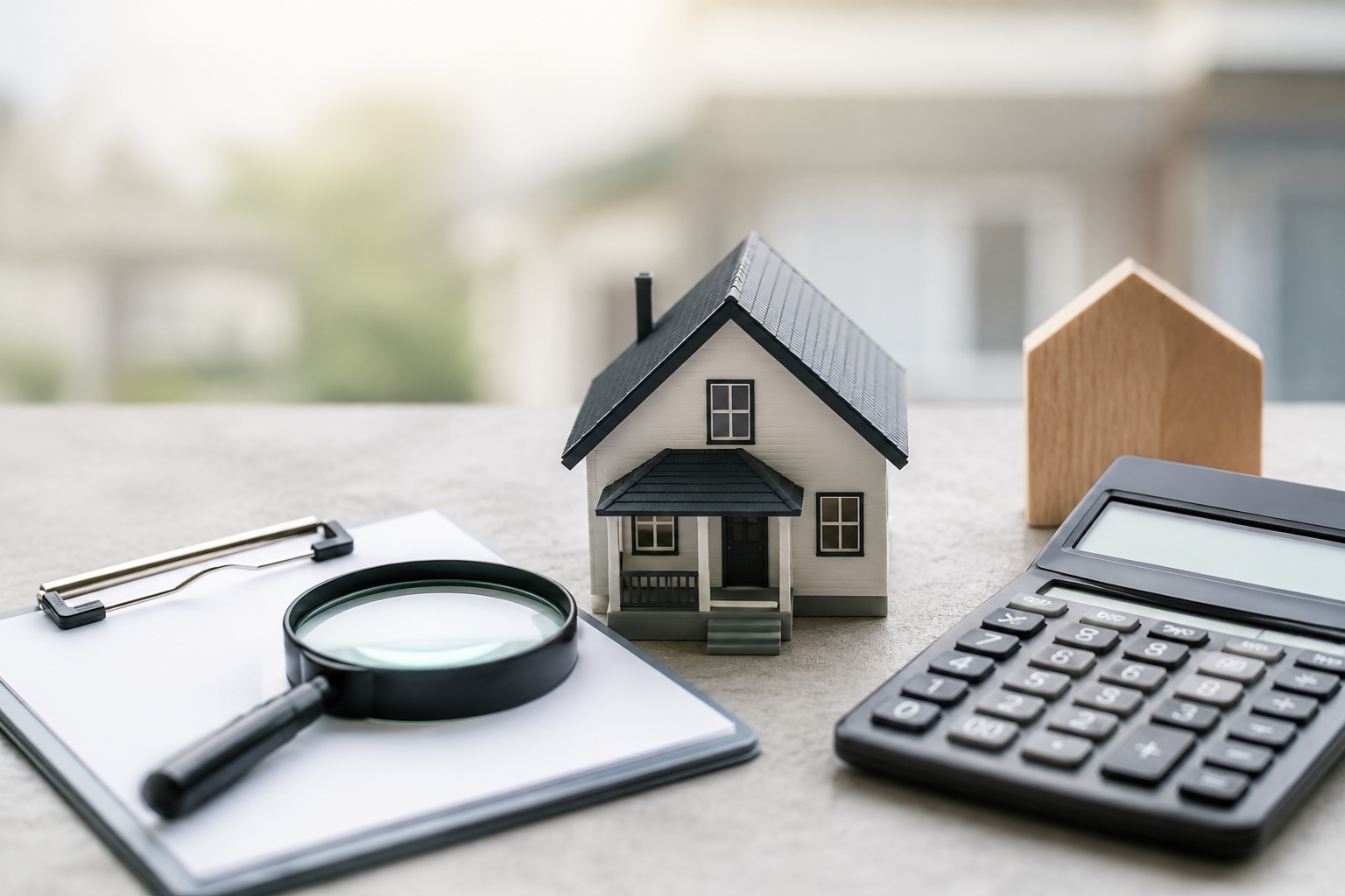 desk showing calculator and paper with mini house