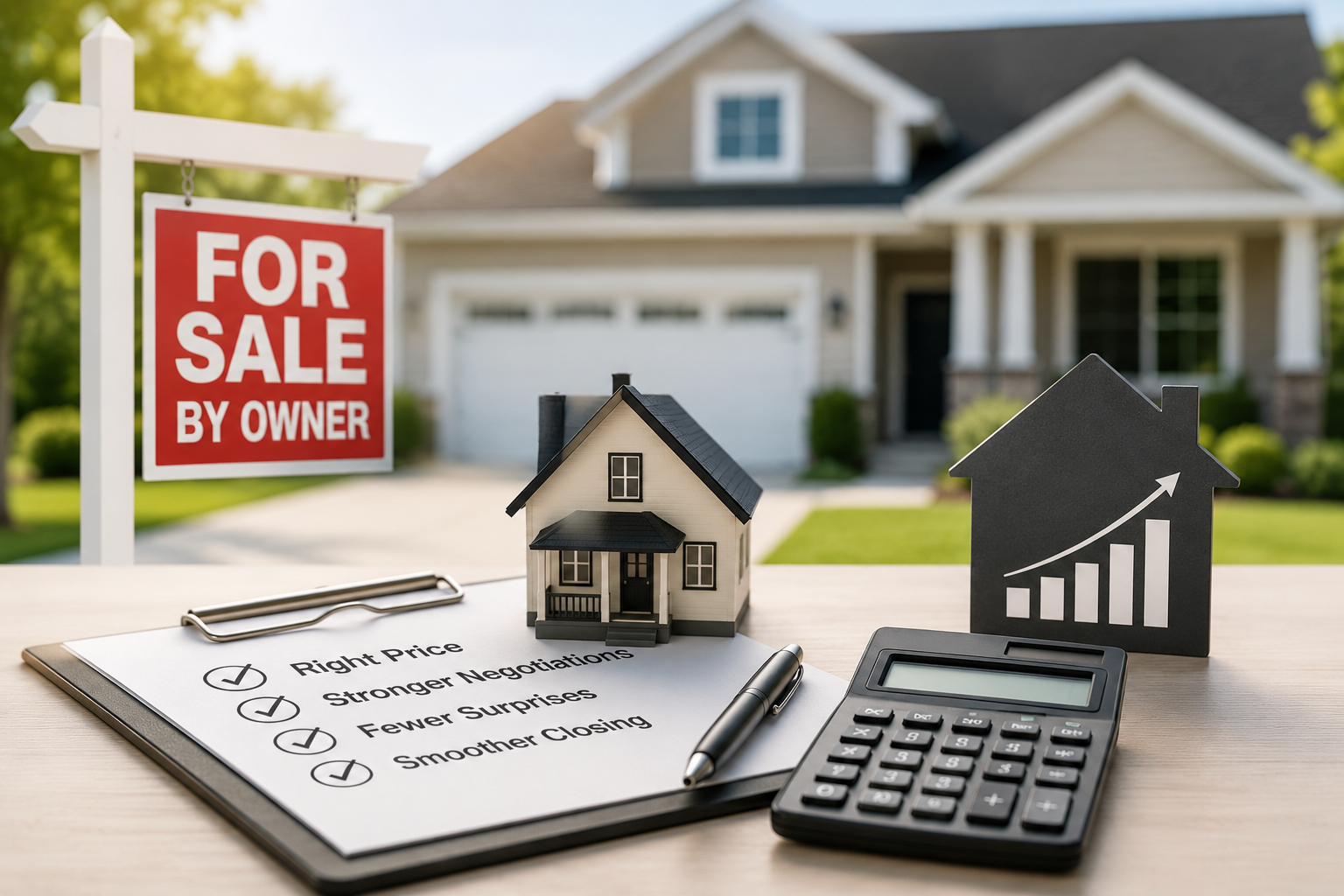 home in background showing with calculator and for sale by owner