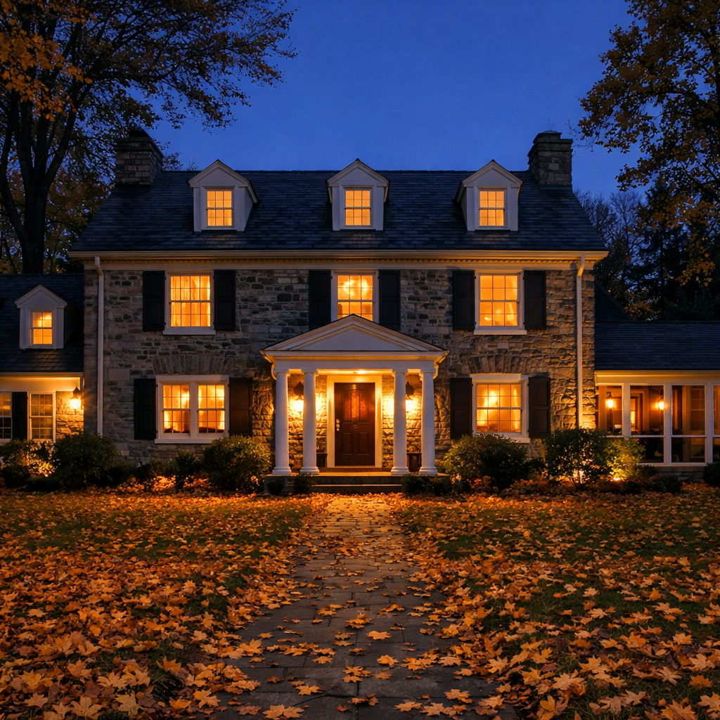 Stone colonial home at autumn dusk with porch lights on and fallen leaves