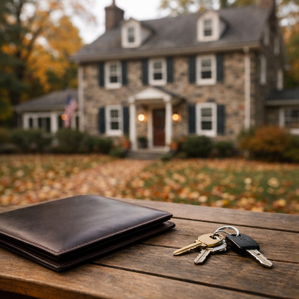Stone colonial home in autumn with a leather folder and house keys on a porch table