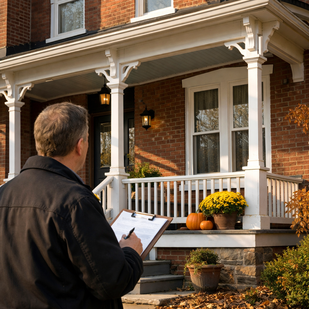 FHA appraiser inspecting the porch of a brick twin home